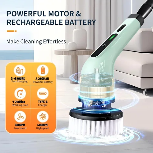 Miniatura 3 de Limpiador eléctrico giratorio, limpiador eléctrico inalámbrico para limpiar el baño, limpiador de ducha eléctrico con mango largo, cepillo
