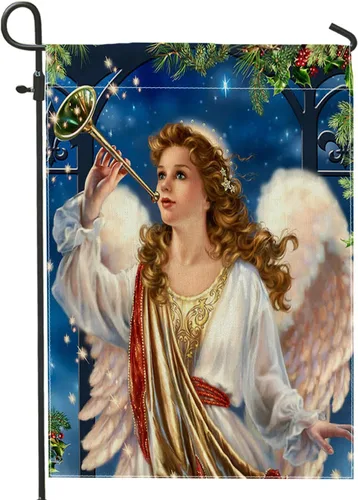 Bandera de jardín de ángel de Navidad, árbol vintage, campana, estética, clásica, de lino azul, decoración de fiesta, decoración de césped, bandera