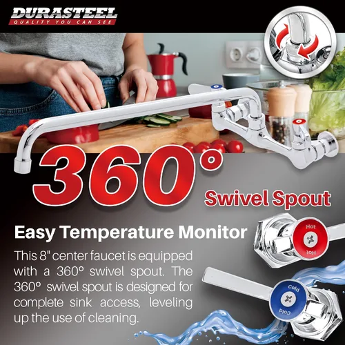 Miniatura 4 de DuraSteel Grifo de Fregadero de Cocina Comercial - Sin Plomo de 8" Montaje en Pared Central para Fregadero de Servicios con Caño Giratorio de 16