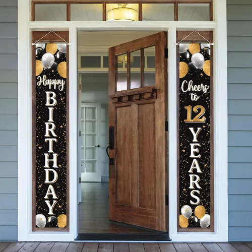 Miniatura 23 de Cartel de puerta de feliz cumpleaños 25 negro y dorado – Fondo de bienvenida a la puerta del hogar de cumpleaños de 25 años, decoración de fiesta