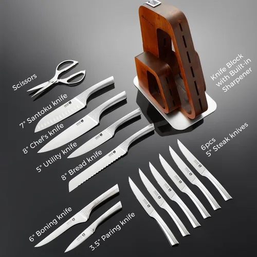 Miniatura 5 de KINGSTONE Juego de cuchillos de cocina con bloque, juego de 14 cuchillos de acero inoxidable alemán con afilador integrado, juego de bloques de Nogal