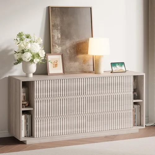 Miniatura 3 de Whalefall Fluted 6 Drawer Dresser with Shelves, 63'' Wide 17.7'' Depth Large Chest of Drawers for Bedroom, Modern TV Stand, Wood Closet Storage