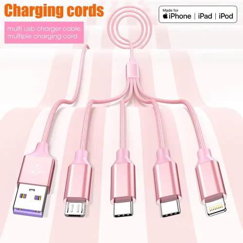 Miniatura 5 de Cable de carga múltiple de 4 pies, paquete de 2 cables de carga Doub Tyep-C 4 en 1, de nailon trenzado, cargador Lightning para iPhone, cable