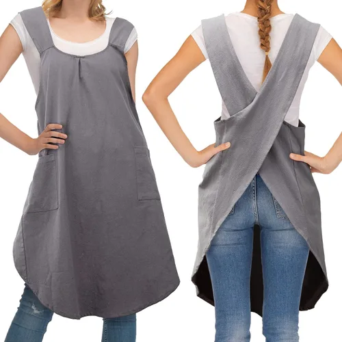 Miniatura 8 de JaGely Paquete de 2 delantales de cocina de lino japonés con espalda cruzada para mujeres y hombres con 2 bolsillos, lindo vestido de jardinería