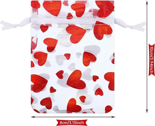 Miniatura 5 de SIROGOGO 50 bolsas de organza para el día de San Valentín, bolsas de dulces de corazón rojo, bolsas de joyería, bolsas con cordón para embalaje