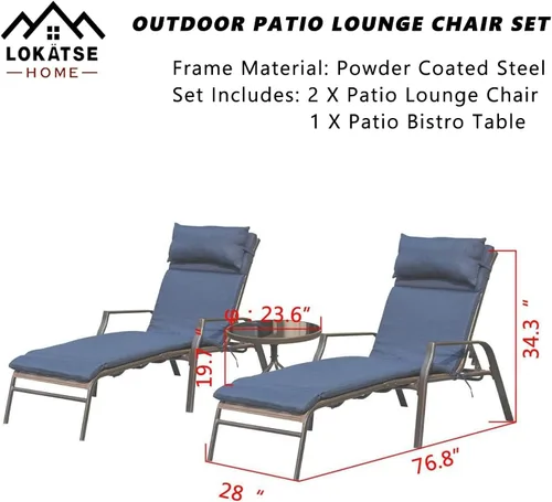 Miniatura 2 de LOKATSE HOME - Juego de camastros ajustables con mesa plegable, con cojines de color azul oscuro, para patio o exteriores (juego de 3 piezas)