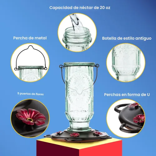 Miniatura 3 de More Birds - Comedero vintage para colibríes, botella de vidrio antiguo, 5 puertos de alimentación, capacidad de néctar de 20 onzas