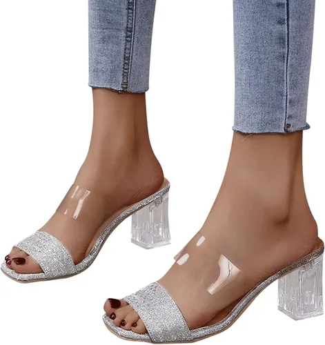 Miniatura 4 de Women Sandals Ladies Shoes Summer Slip On Transparent Glitter Crystal Chunky Heel Sandals Zapatos de gimnasio mujeres