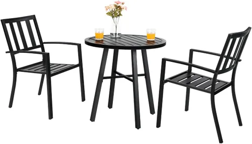 PHI VILLA Juego de comedor de 3 piezas para patio al aire libre, mesa redonda de metal con listones y 2 sillas de patio, juego de muebles de Negro