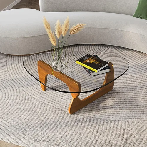 Miniatura 7 de Mesa auxiliar moderna Mid-Century con parte superior triangular de vidrio transparente y base de madera maciza, mesa auxiliar moderna para sala