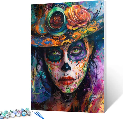 Miniatura 23 de Kit de Pintura por Números de Retrato de Mujer Calavera de Azúcar al Óleo de 16 x 20 Pulgadas, Lienzo para Halloween, Decoración para Mujeres, Chica