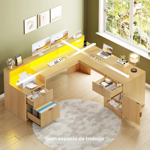 Miniatura 3 de SEDETA Escritorio moderno en forma de L de 66 pulgadas con cajones, escritorio de oficina en casa con archivador y estante para impresora, Roble