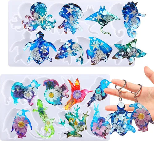 Moldes de resina para llavero, lindos moldes de silicona de animales, 16 animales terrestres marinos moldes epoxi para fundición de resina, llavero