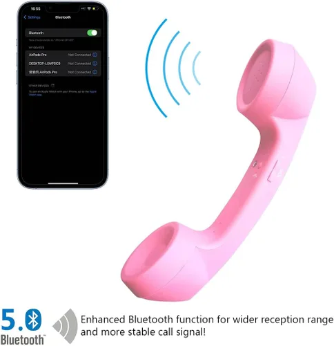Miniatura 2 de Auricular de teléfono retro con Bluetooth inalámbrico y USB, a prueba de radiación para teléfonos celulares, cómodo para llamadas (Rosa)