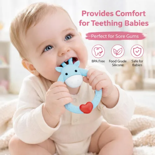 Miniatura 3 de SHARE&CARE Juguete mordedor de silicona sin BPA con estuche de almacenamiento, para niños mayores de 3 meses, alivio del dolor de encías y baby Azul