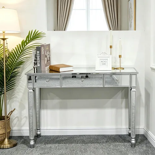 Miniatura 2 de Henf Mesa de consola con espejo, mesa de tocador de maquillaje, mesa de entrada plateada de 3 cajones para mujeres y niñas, entrada, hogar, oficina