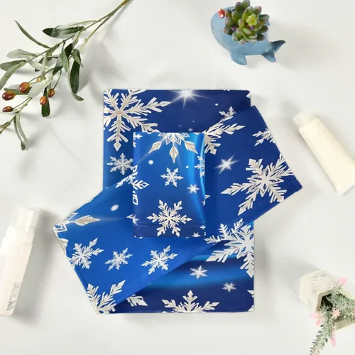 Miniatura 5 de Juego de 3 toallas de baño de copos de nieve azules y blancos de invierno, juego de 3 toallas de mano de Navidad, toallas de mano de baño, toalla