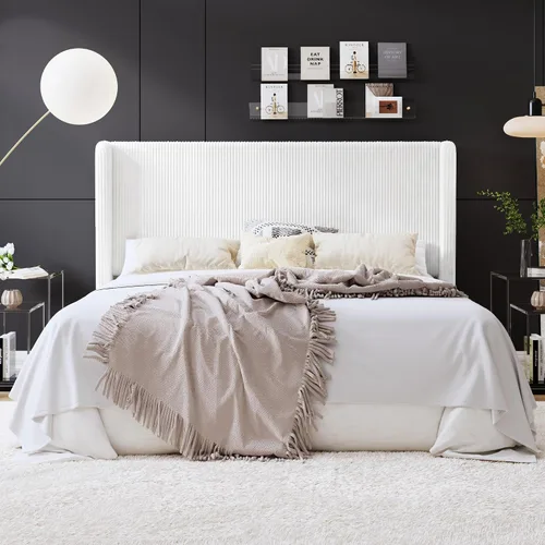 Miniatura 18 de SHA CERLIN - Base de cama tamaño Full tapizada en pana con plataforma y cabecera acolchada con diseño acanalado vertical estilo wingback, 8