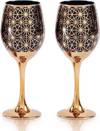 Copas de vino con borde dorado - 12oz de tallo largo negro y dorado, juego de 2 para otoño, Acción de Gracias, Navidad, inauguración de la casa o