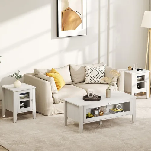 Miniatura 5 de Bonzy Home Mesa de centro moderna blanca con almacenamiento de puerta de vidrio, mesa central rectangular de madera para sala de estar, 39.4 x 18.9