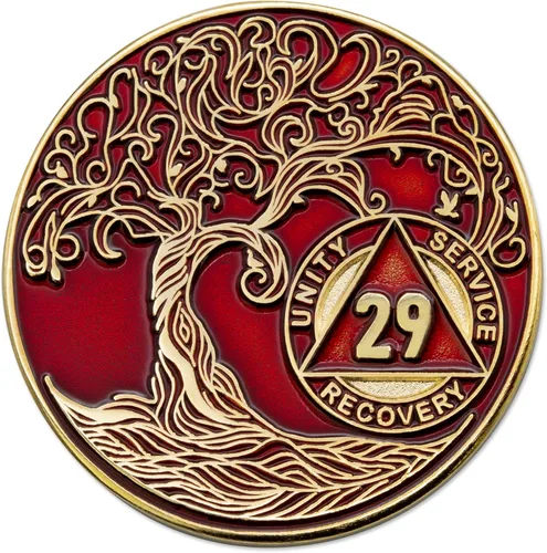 Miniatura 224 de 20 Year Sobriety Mint Twisted Tree of Life - Medallón de recuperación AA chapado en oro, fichas y fichas, color negro