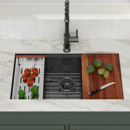 Miniatura 2 de Fregadero de cocina negro de 32 - Logmey Fregadero de cocina de 32x19 pulgadas, negro metalizado, instalación por debajo de la encimera, estación