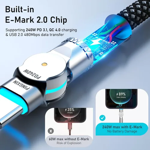 Miniatura 5 de Cable USB C de 3.3 pies, 240 W, trenzado, giratorio de 180°, USB C a USB C, cable USB 2.0, tipo C, cable de carga para iPhone 16/16Pro/16Plus/16Pro
