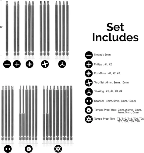 Miniatura 8 de NEIKO 10224A Juego de brocas de seguridad extra largas de 1/4 pulgadas, 32 puntas de destornillador para taladro, juego de brocas Torx de acero S2