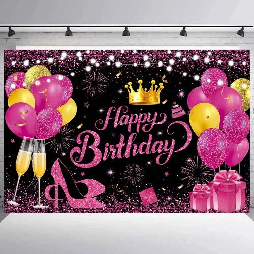 Miniatura 4 de 180x120 cm Telón de fondo brillante negro rosa intenso dorado para fiesta de cumpleaños, fondos de fotos, paño de 71x47 pulgadas, cartel de feliz