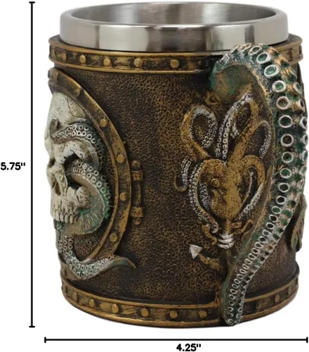 Miniatura 7 de Ebros Nautical Cthulhu Cósmico Octopus Wrecking Cráneo humano en marco de ojo de buey con ancla taza de bebida de resina de 13 oz con forro de acero
