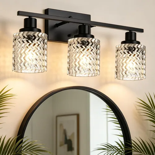 Miniatura 10 de MELUCEE Aplique de pared de 2 luces con pantalla de vidrio martillado, luces de baño de níquel cepillado sobre el espejo, accesorios de iluminación