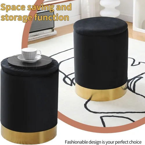 Miniatura 3 de Otomán de Terciopelo con Almacenamiento Reposapiés Multiusos Taburete con Base de Metal Taburete Redondo Moderno para Tocador Silla Otomán