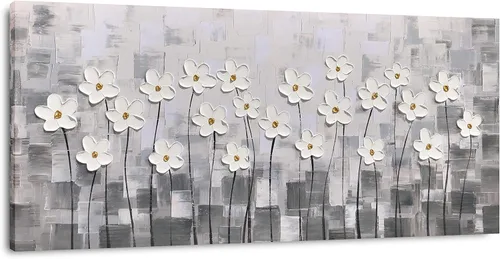 Miniatura 15 de Yihui Arts Pintura al óleo pintada a mano con flores texturizadas sobre lienzo, arte de pared floral blanco abstracto colorido para sala de estar