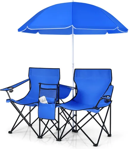 LDAILY LUARANE - Silla plegable doble para campamento, sillas de picnic al aire libre con paraguas extraíble, mini mesa, portavasos y bolsa de Azul