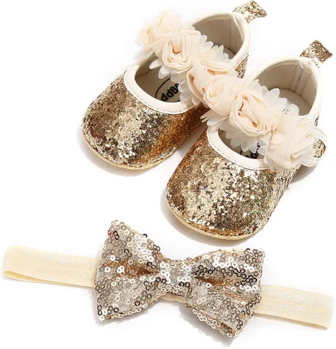 Mary Jane - Zapatos planos con diadema con lazo, vestido de princesa floral para bebés, zapatos de cuna con suela suave, antideslizantes para niños
