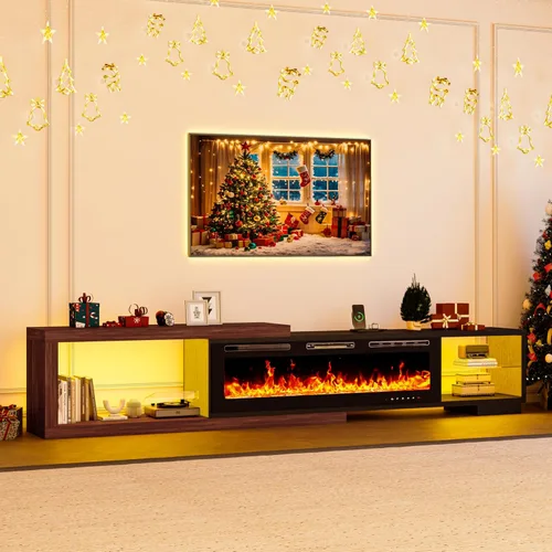 Miniatura 9 de Soporte de TV extensible con chimenea eléctrica de 71 a 116 pulgadas, moderno centro de entretenimiento con luces LED y toma de corriente para TV