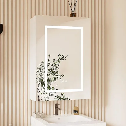 Gabinetes de medicina LED para baño, botiquín iluminado con espejo, tocador de baño de montaje en superficie con almacenamiento, brillo ajustable,