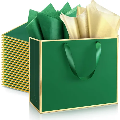 Miniatura 36 de ReliThick Paquete de 12 bolsas de regalo de papel metálico con asas y papel de seda de 11.8 x 10 x 4 pulgadas, bolsa de agradecimiento para Azul