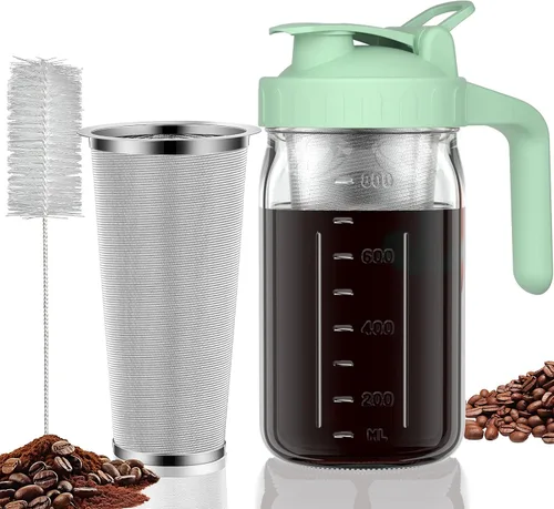 Miniatura 7 de JunVpic Tarro para cafetera fría – Tapa multiusos de vidrio grueso de 64 onzas con asa y filtro de acero inoxidable para café helado, limonada, té