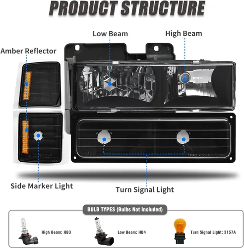 Miniatura 4 de Conjunto de faros delanteros para 1994-1998 Chevy Silverado/Suburban/Tahoe / C10 Pickup/C/K 1500 2500 3500 Camioneta, carcasa negra con reflector
