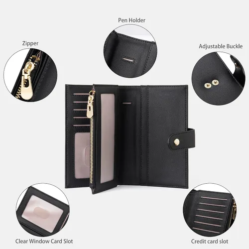 Miniatura 3 de Billetera con bloqueo RFID para mujer, delgada y delgada, de cuero plegable, funda de tarjetas de gran capacidad, cartera larga para mujer