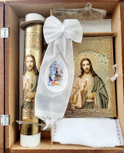 Miniatura 3 de Vela para Primera Comunion de Nino con Caja de Madera del Sagrado Corazon de Jesus con 12 Servilletas