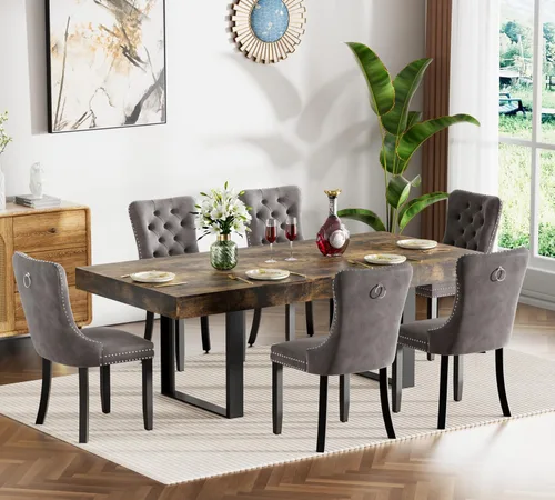Miniatura 21 de Juego de mesa de comedor extensible marrón de 7 piezas para 6, 63 a 78.74 pulgadas, moderno juego de mesa de cocina y comedor, mesa de comedor Mesa