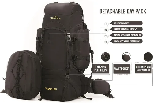 Miniatura 2 de Tripole Colonel Mochila de 95 Litros + Paquete de Día Desmontable, Negro, Mochila