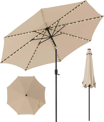 Giantex Sombrilla de patio de 10 pies con 112 luces solares de lluvia de meteoritos, sombrilla de mercado para mesa al aire libre con 8 varillas,