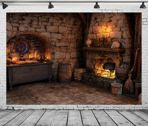 Miniatura 4 de BELECO Telón de fondo de tela espeluznante de 5 x 3 pies para Halloween, sala mágica, cocina, chimenea, poción mágica, libros, velas, calaveras