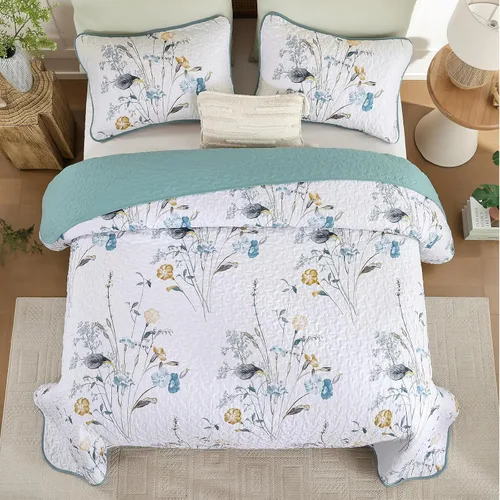 Miniatura 4 de WONGS BEDDING Juego de edredón floral verde azulado, tamaño Queen, juego de colcha de 3 piezas con patrón de plantas botánicas con 2 fundas