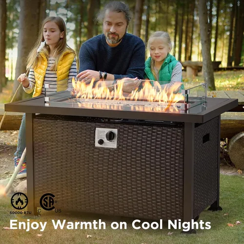 Miniatura 6 de HOMREST Mesa de fuego de gas propano para exteriores de 44 pulgadas, fogata de gas de encendido automático de 50,000 BTU con protector de viento