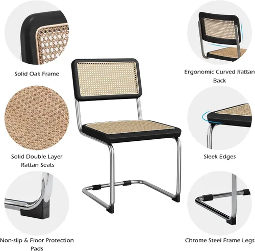 Miniatura 6 de Juego de 2 sillas de comedor de ratán modernas de mediados de siglo con respaldo tejido de ratán natural y asiento, sillas laterales tapizadas sin