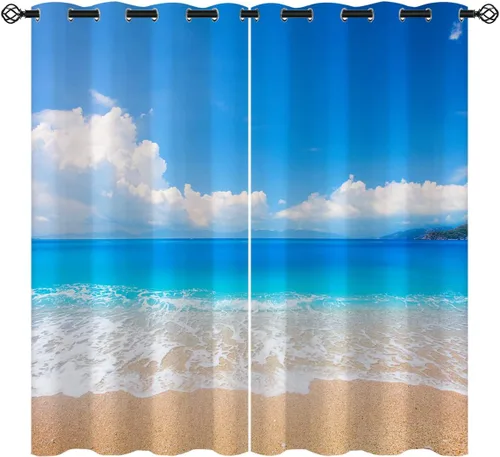 Miniatura 11 de Cortinas opacas de arena para niñas y niños, decoración del hogar, vacaciones, playa, agua azul, puesta de sol, nubes, ojales, aislamiento térmico
